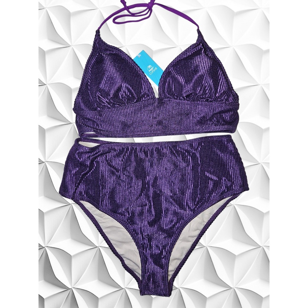 Cupshe Womens Purple Ribbed Metallic High Waisted Bikini Set CAA12C3M064WW L